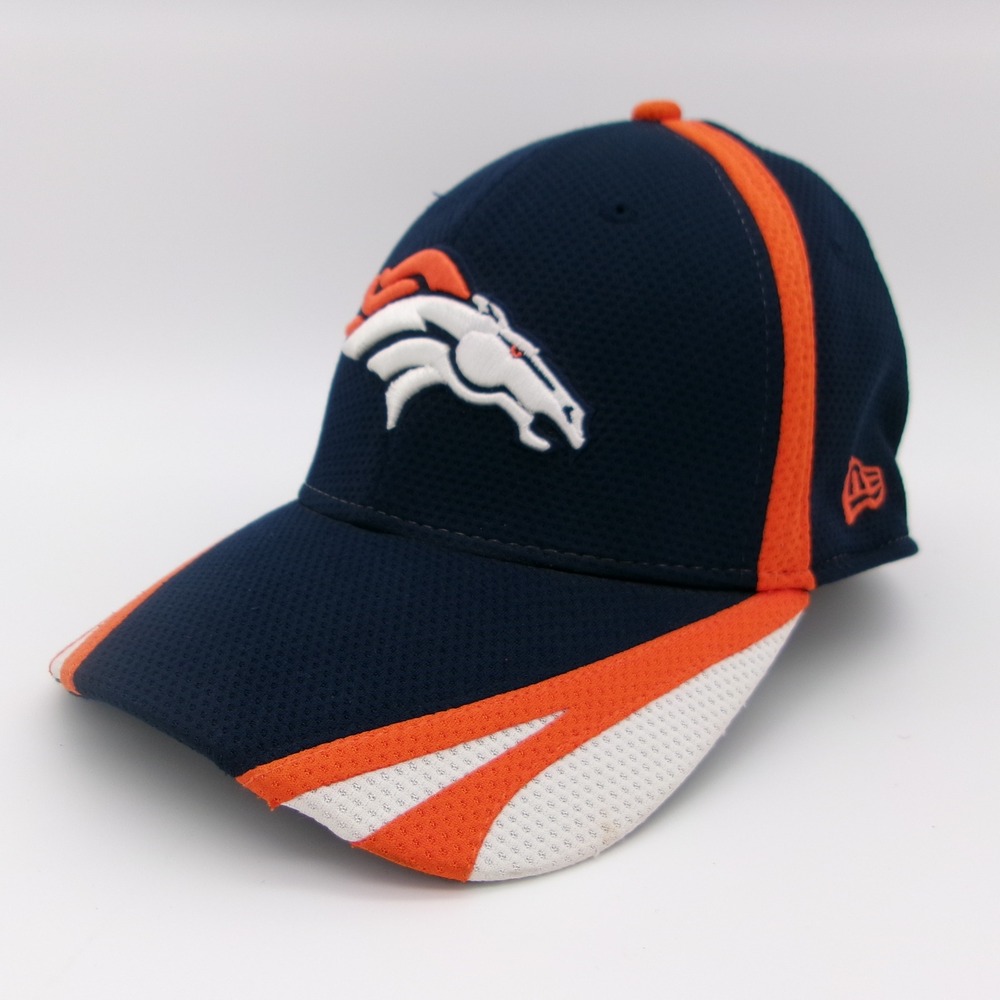 New Era 39THIRTY Denver Broncos Hat Navy Blue Orange Stretch Fit Medium Large